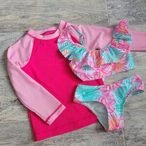 Member's Mark Swimsuit Girl's 3T Toddler 3pc Blue and Pink Tropical Bikini NWT